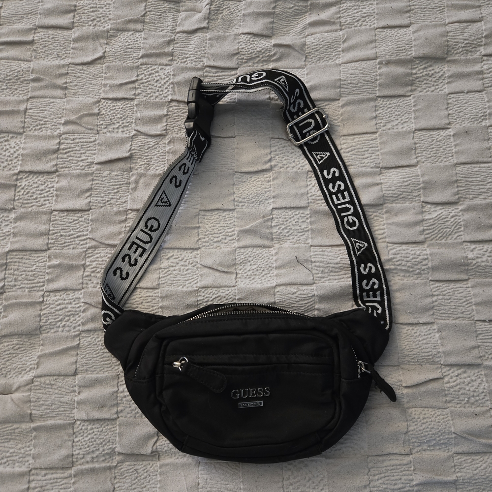 GUESS Black Logo Strap Belt Bag with White Accents